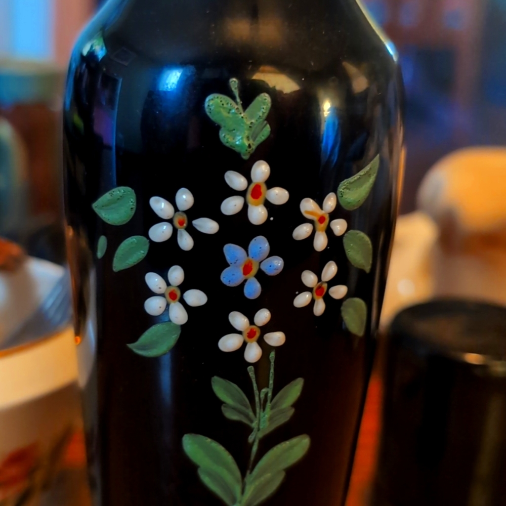 Black Amethyst Bud Vase with Hand painted Flowers